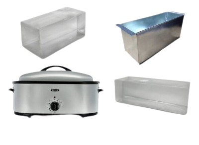 Display case, mold and cooker used for remelting and presenting gel blocks