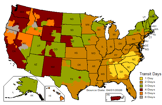 Ground transit time map for the United States by business days from Greenville, South Carolina. Source date 04/01/2026.